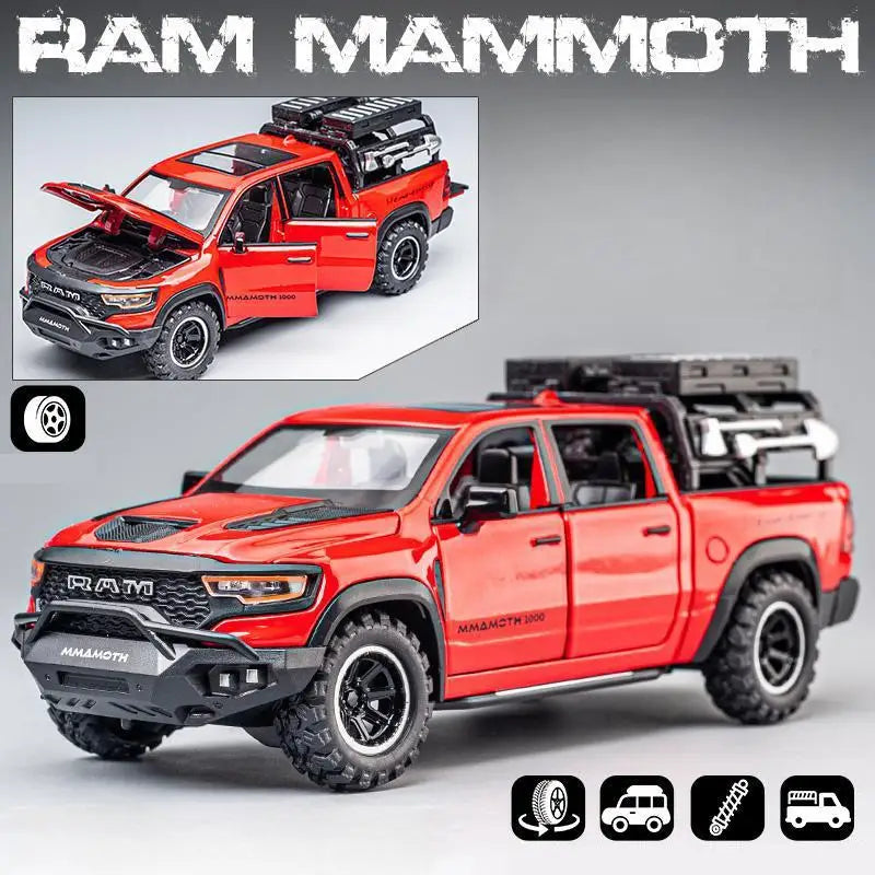 1:32 Dodge RAM Mammoth Pickup Truck Off Road Alloy Toy Car Model Sound & Light Pull Back Collection Gift For Boys Children Kid